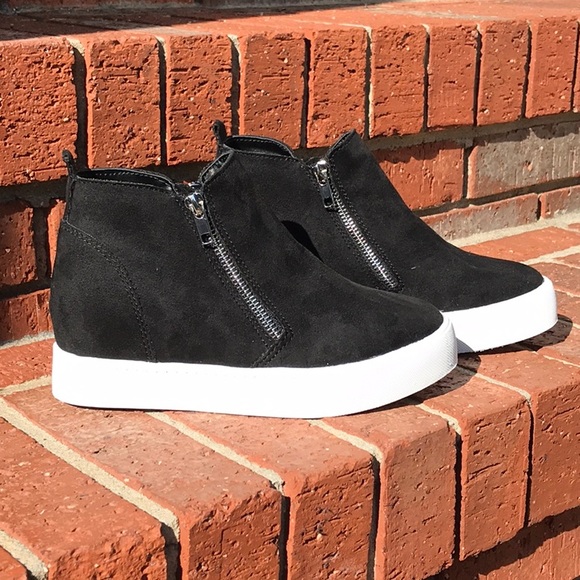 🌷 Black High Heel Wedge Sneakers /Zippers - Picture 3 of 8